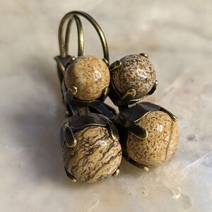 Picture Stone/ Jasper Drop Down Earrings in Brass